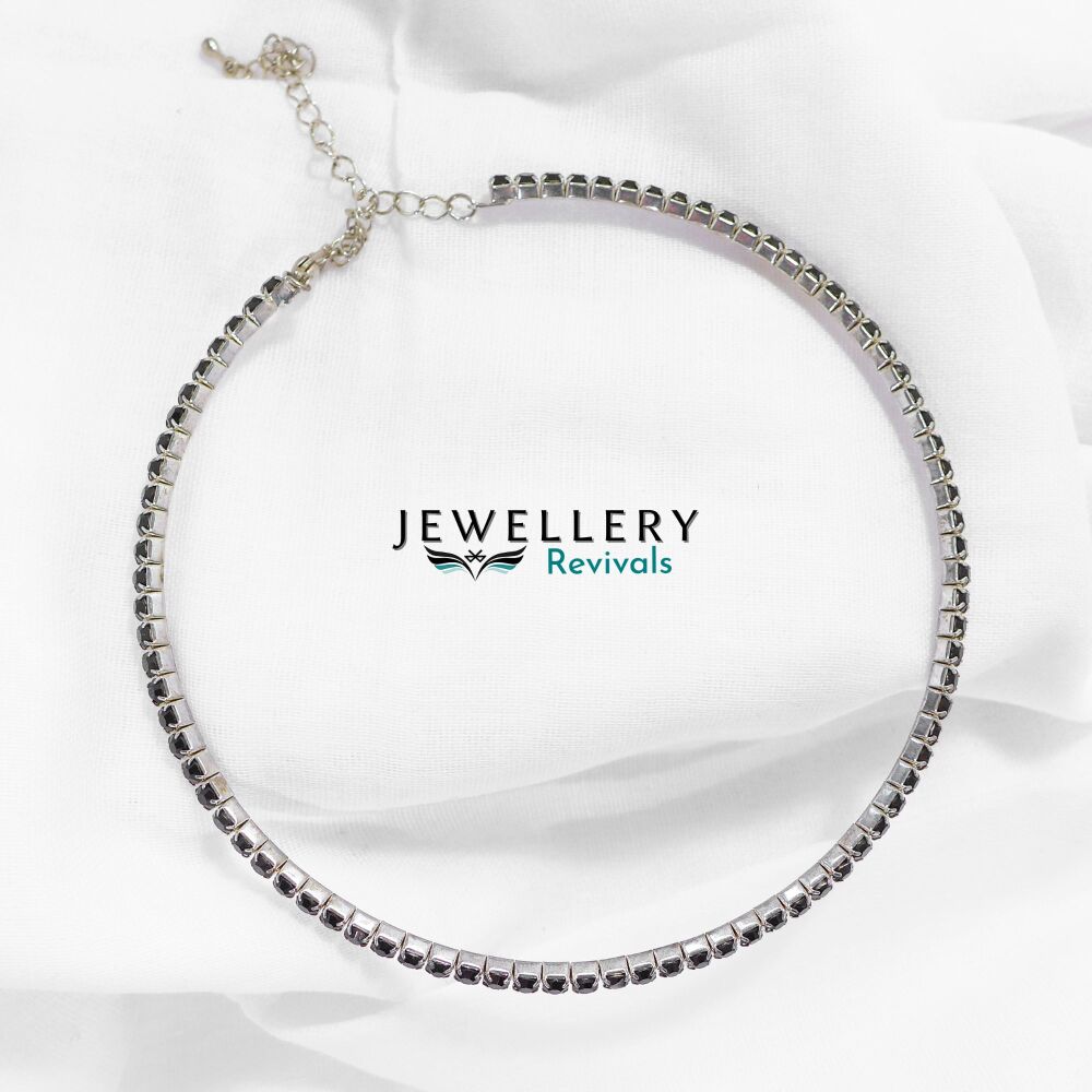 Silver Tone & Black Choker Necklace (JE031)