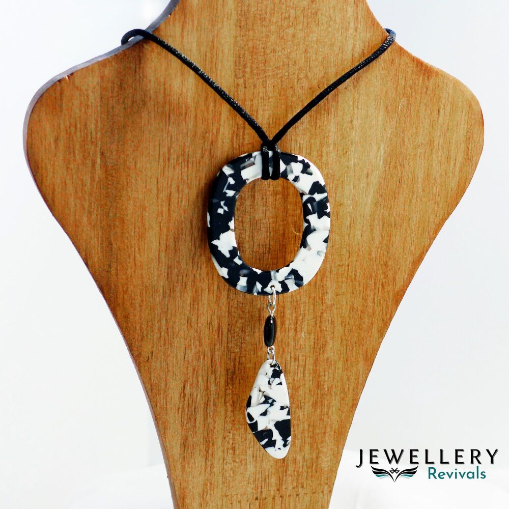 Oval Acrylic Marbled Pendant Black Cord Necklace (JE032)