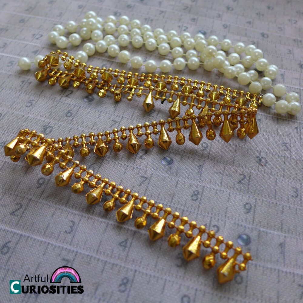Fabric/Lace/Trim - Gold & Pearl Plastic String Beads  - AC396