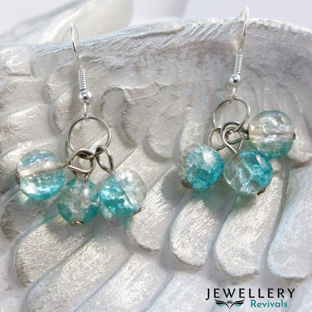 Silver Tone Frosty Blue Crackle Bead Earrings (JE039)