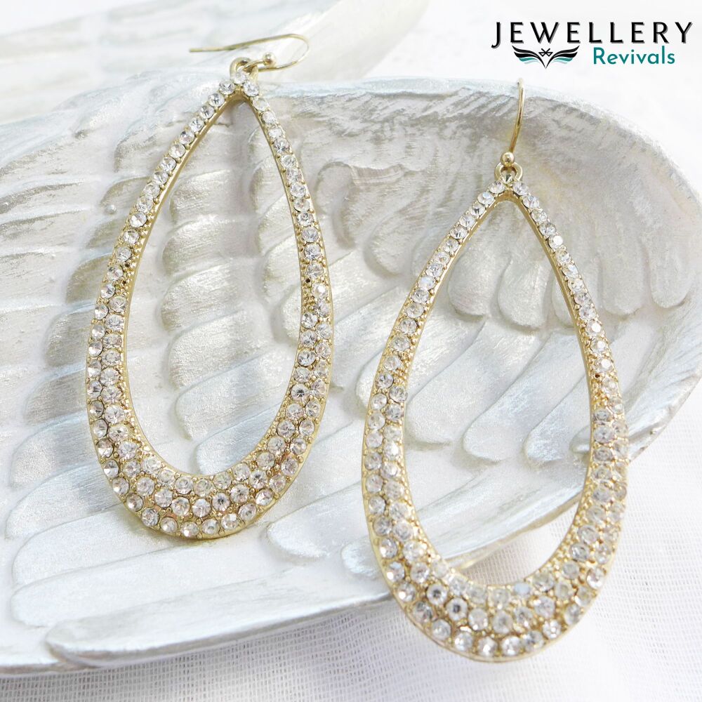 Gold Tone Encrusted Teardrop Hoop Earrings (JE042)