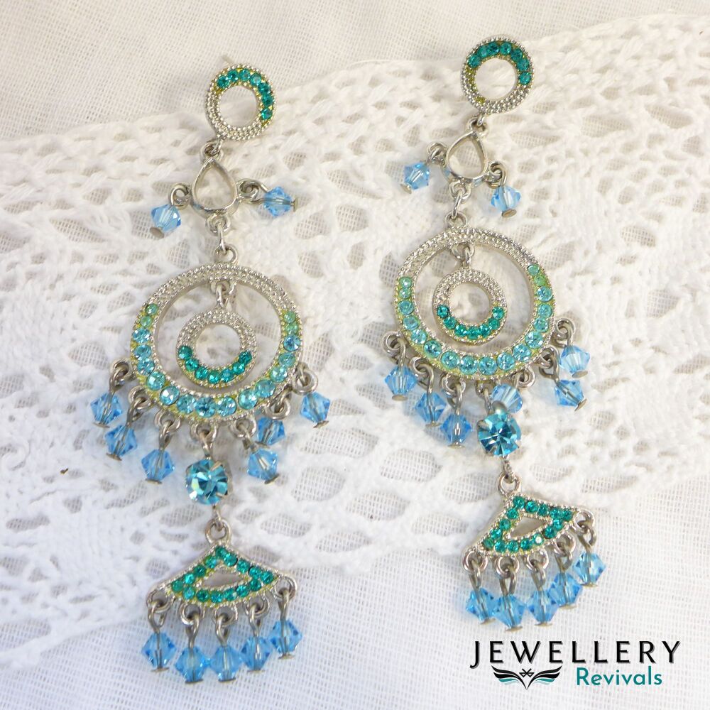 Silver Tone Teal & Blue Chandelier Earrings (JE043)