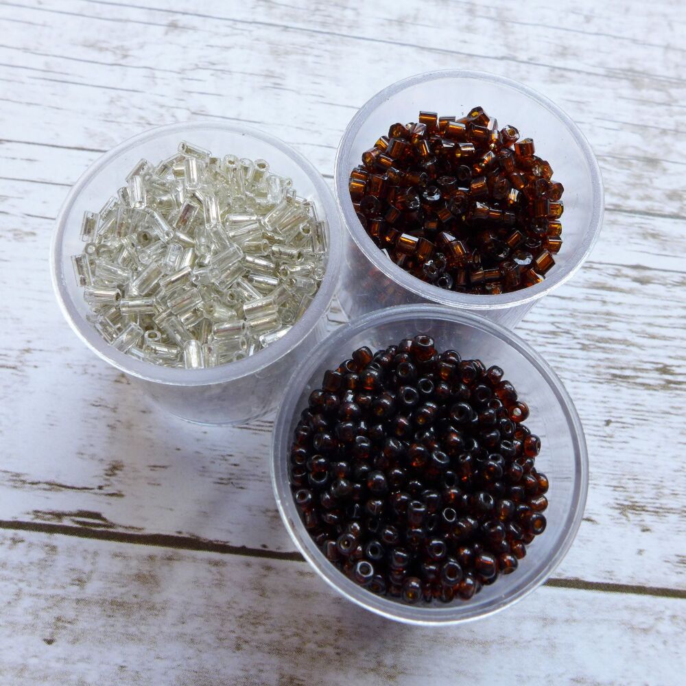Trio of 5ml Seed Bead Pots, Browns/Clear