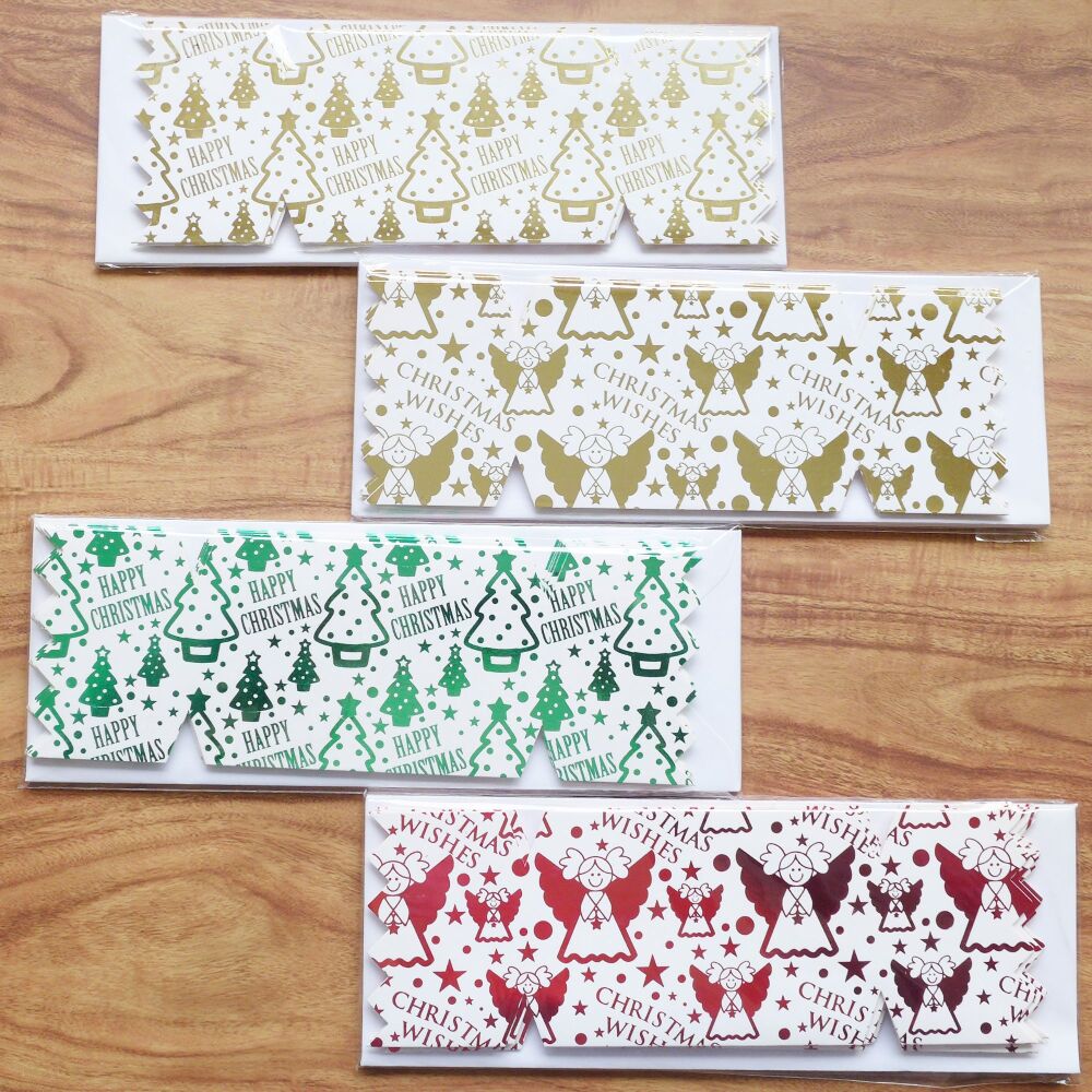 Christmas Cracker Shaped Card Blanks & Envelopes - Gold Foiled Fairy & Christmas Trees
