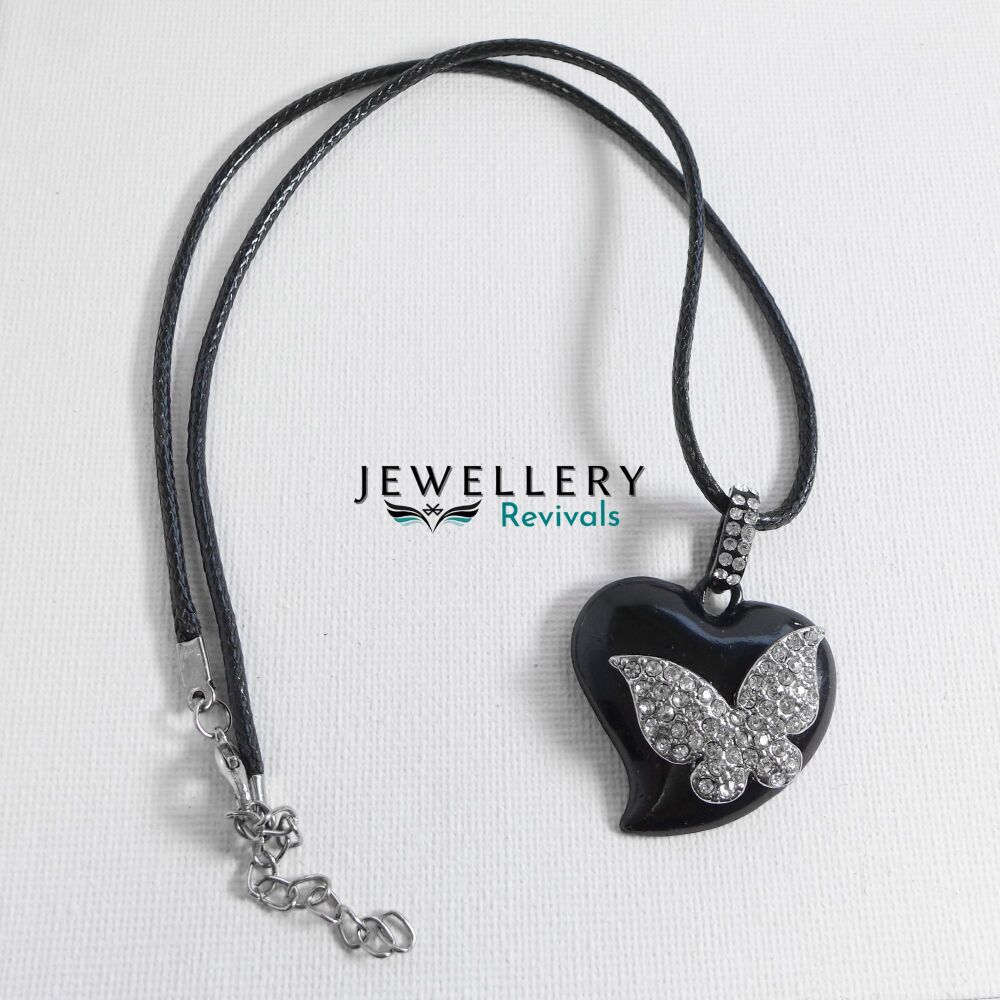 Black Heart Pendant Necklace with Crystal Butterfly Motif (JE051)