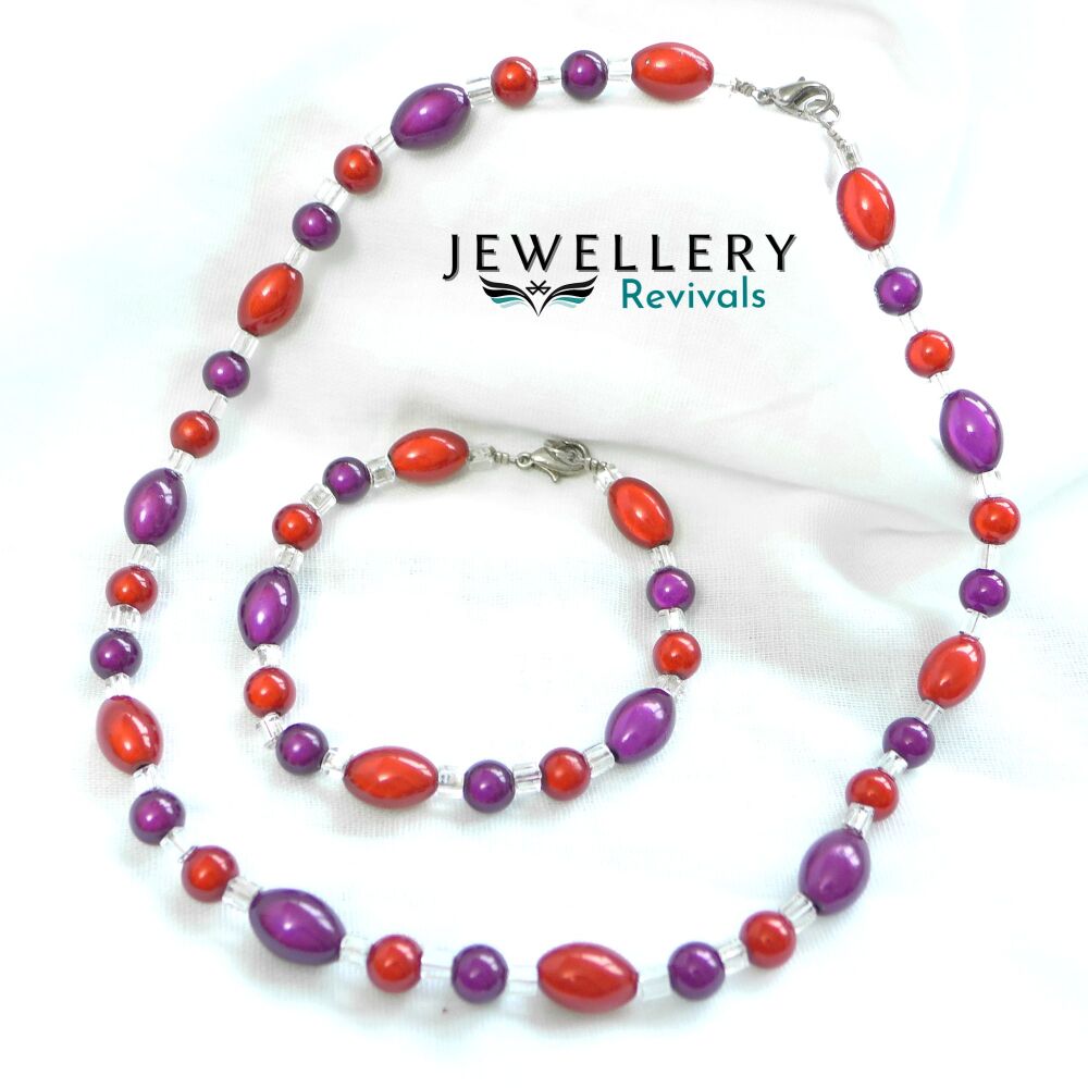 Rose Red & Purple Beaded Necklace & Matching Bracelet (JE058)