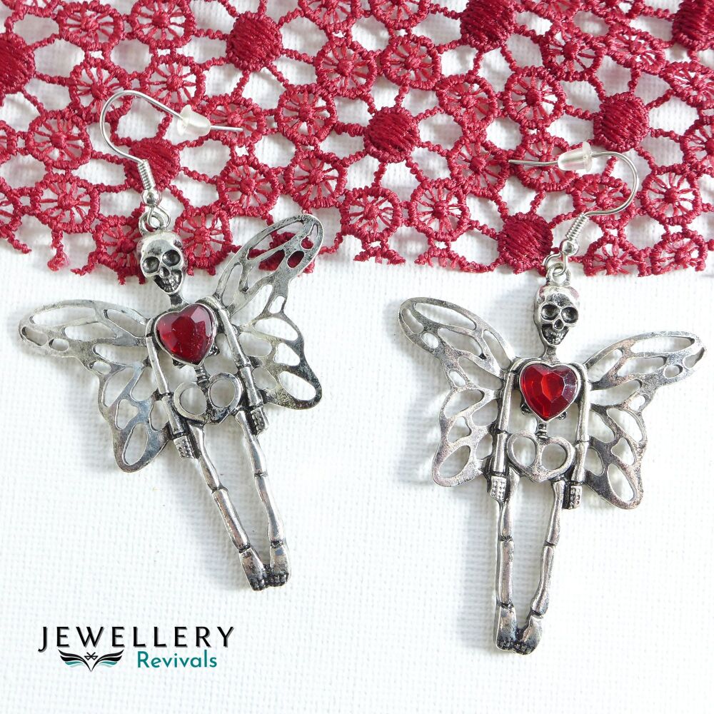 Silver Tone Red Heart Skeleton Fairy Earrings (JE060)