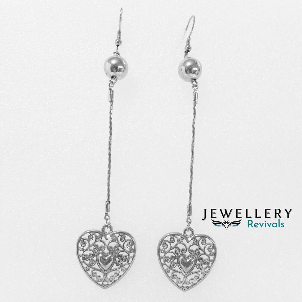 Silver Tone Long Dangle Filigree Heart Earrings (JE062)
