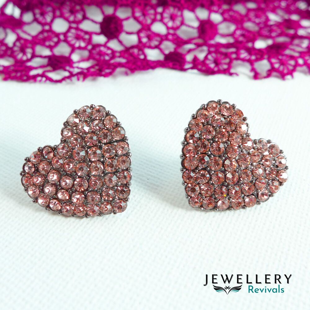 Silver Tone Tea Rose Sparkly Heart Earrings (JE063)