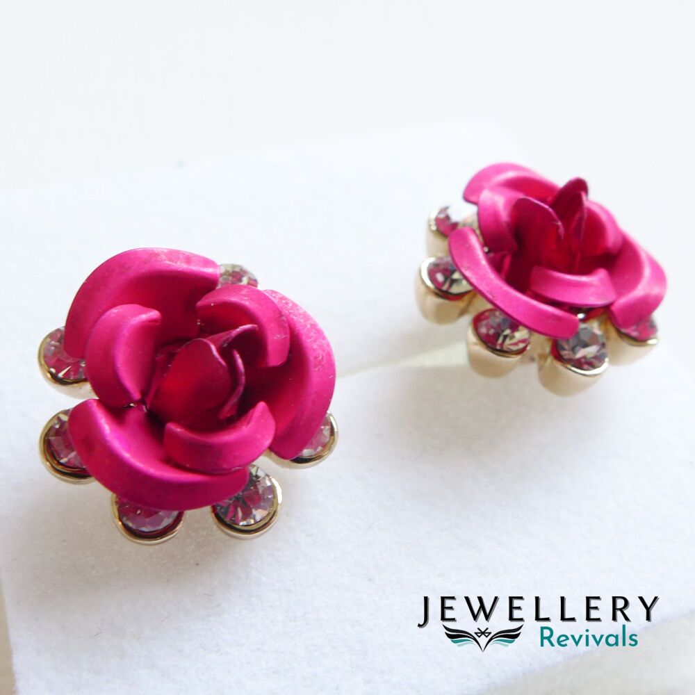Gold Tone Red Rose Cubic Zirconia Stud Earrings (JE064)