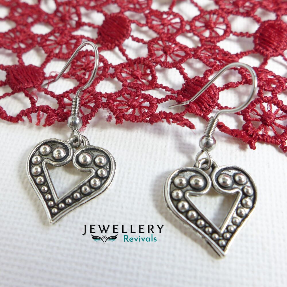 Silver Tone Heart-Shaped Dangle Earrings (JE065)