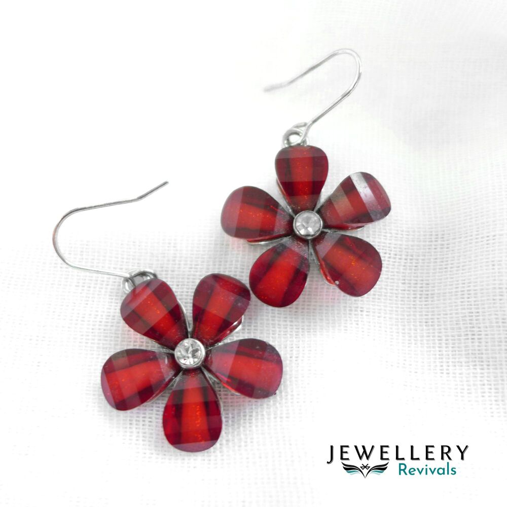 Silver Tone Ruby Red Flower Drop Earrings (JE067)