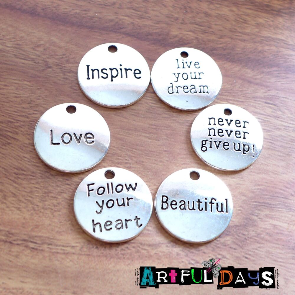 Assorted Silver Round Word Charms 6pcs (C146)