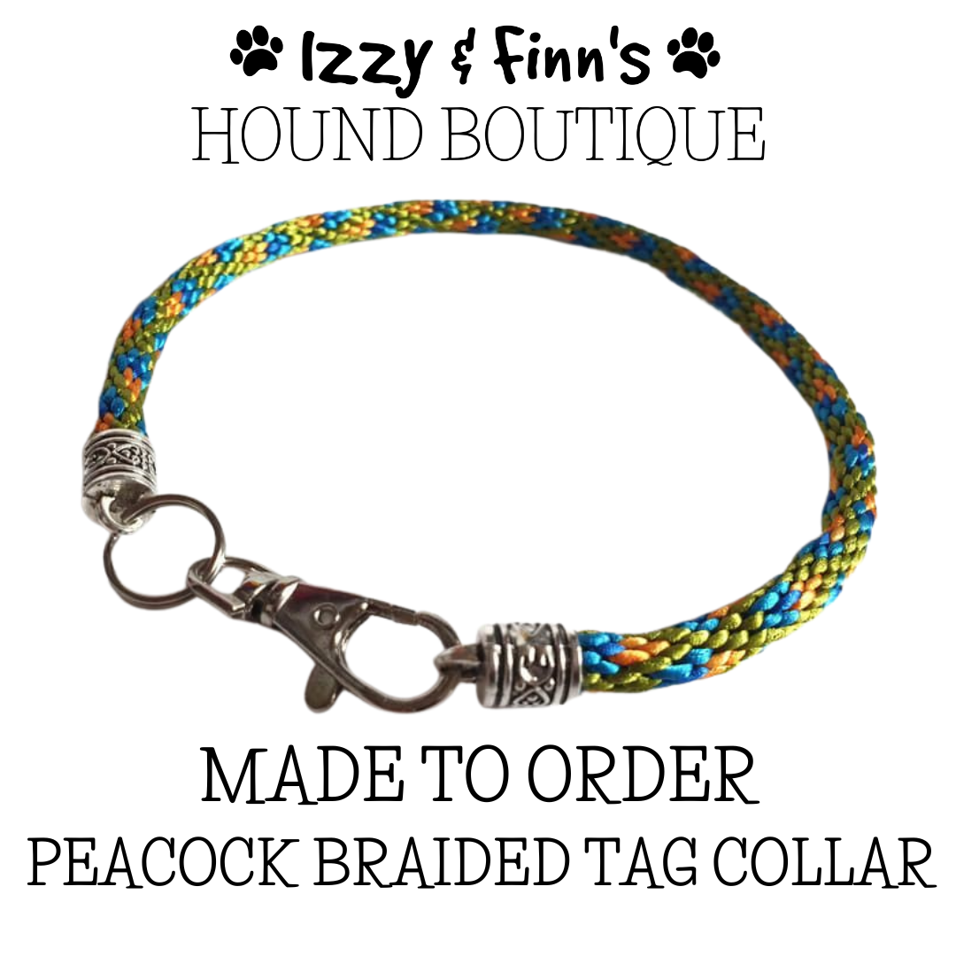 Made to Order - Peacock Feathers Braided Tag Dog Collar