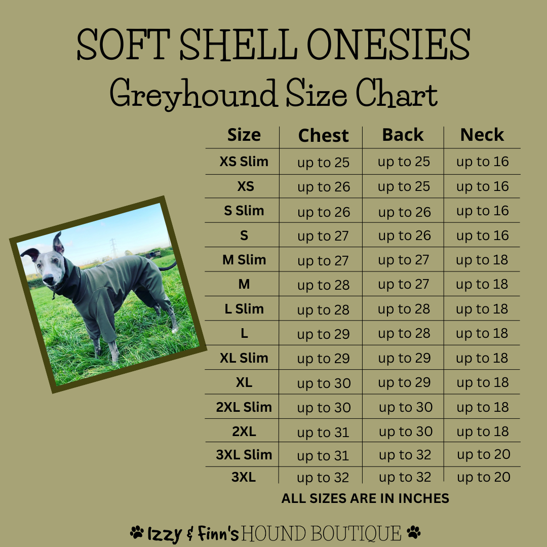 Soft Shell Onesies Greyhound Size Guide