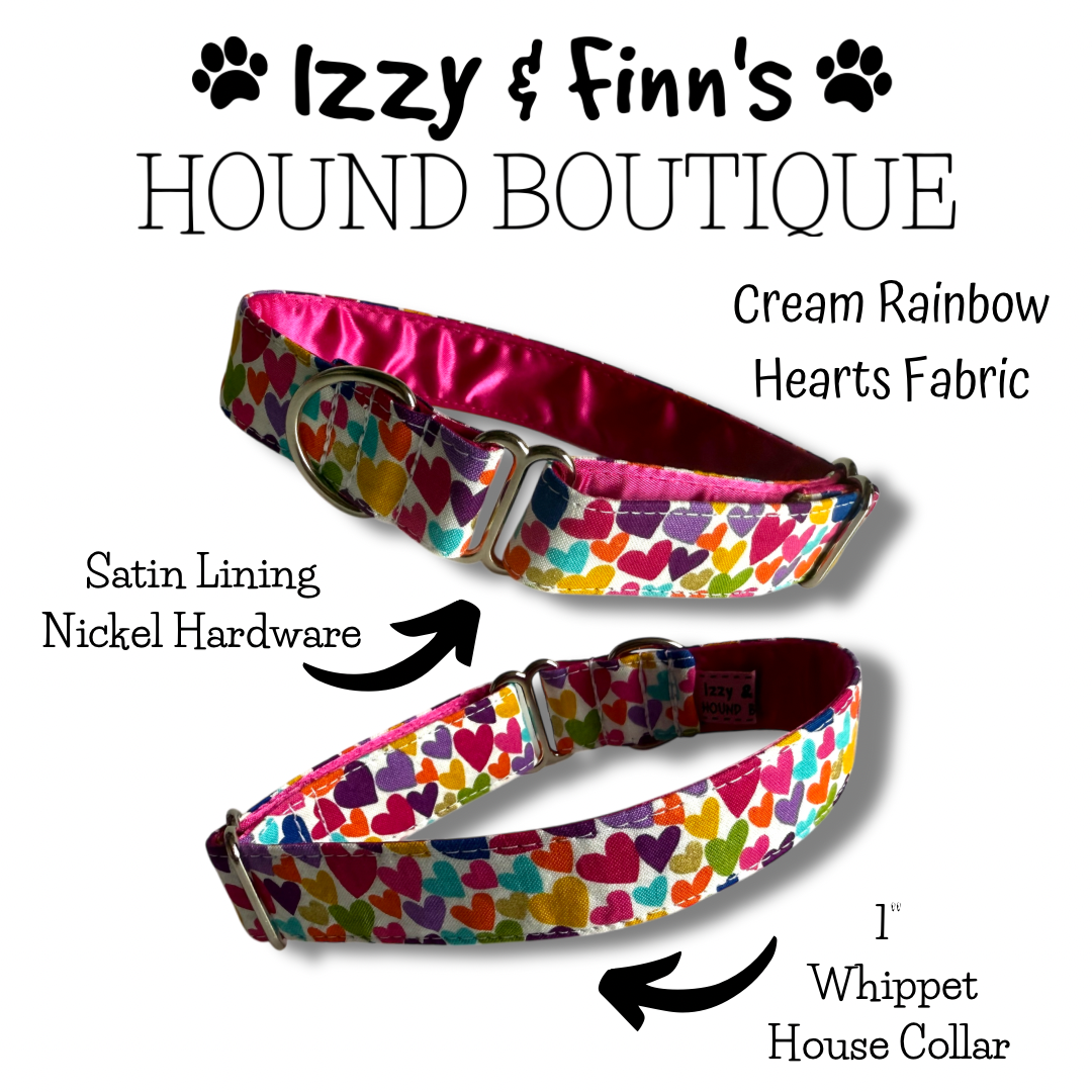 1" Cream Rainbow Hearts Whippet House Collar