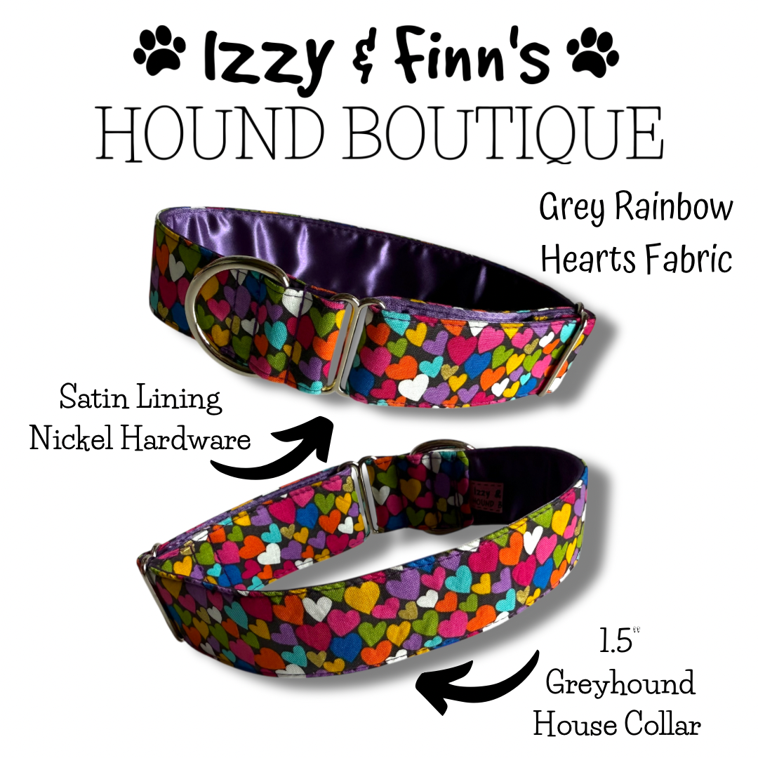 1.5" Grey Rainbow Hearts Greyhound House Collar