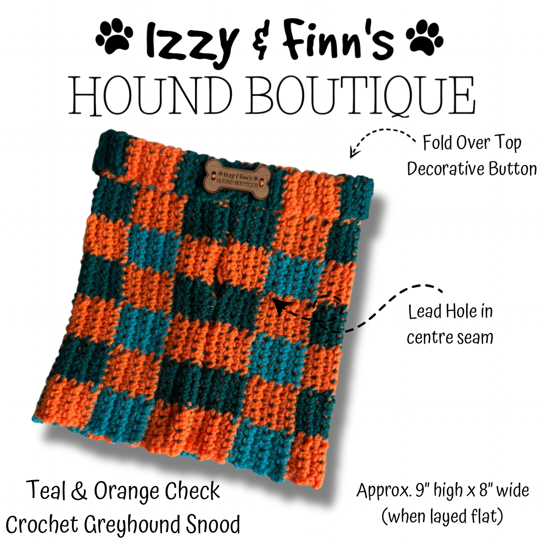 Ready Made - Teal & Orange Check Crocheted Greyhound Snood