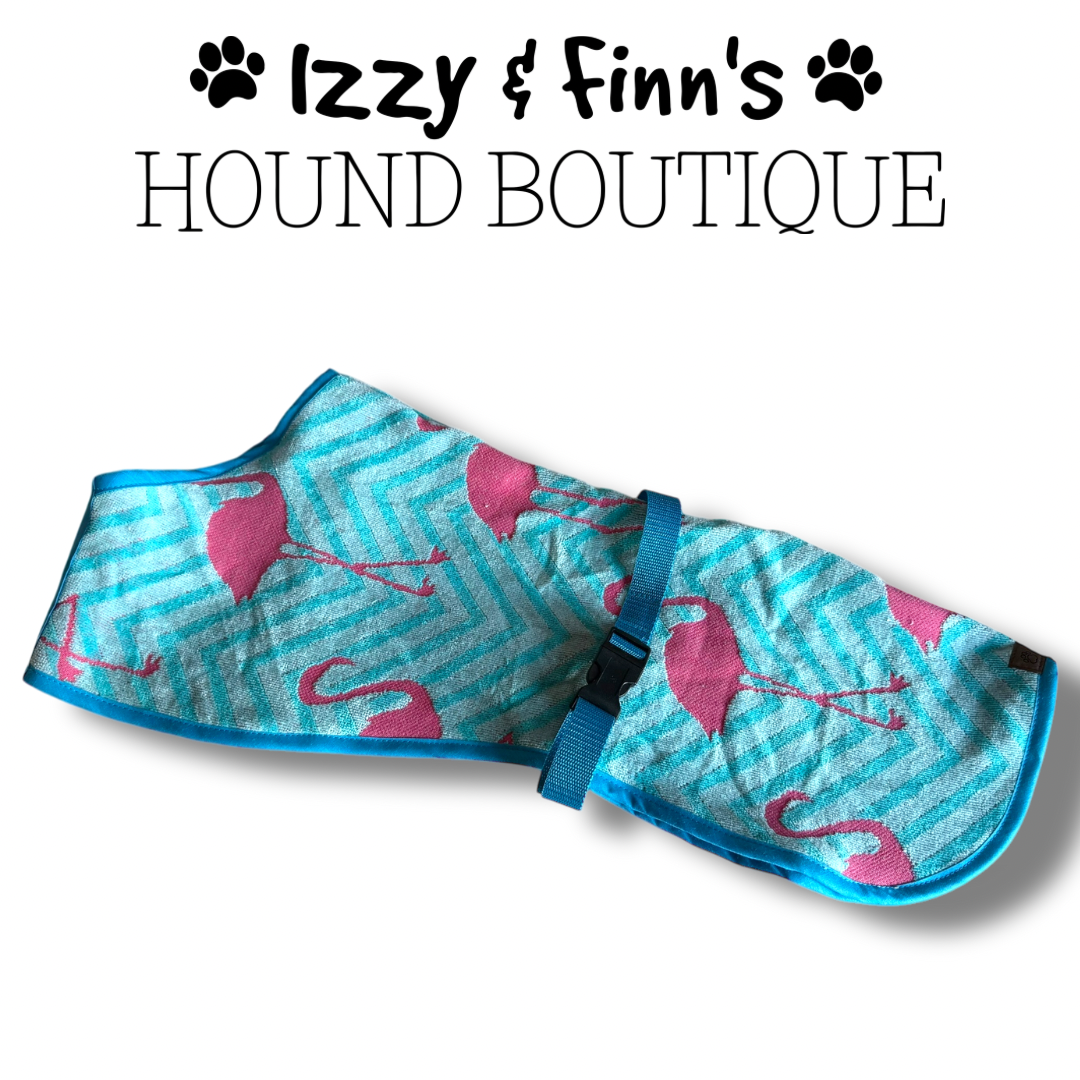 Ready Made - Flamingo Chevrons Towelling Cool Coat (Turquoise Trim) - Whippet 21"