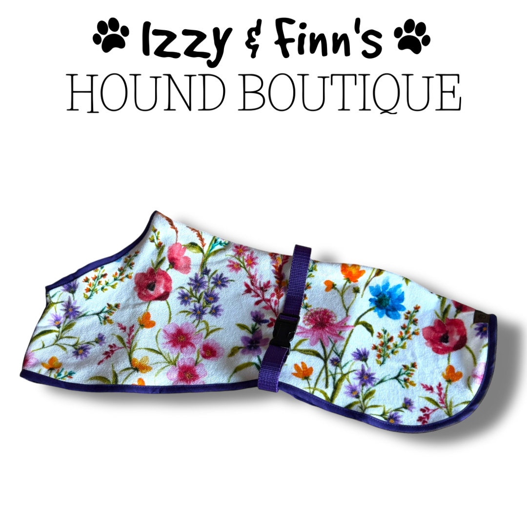 Ready Made - Spring Flowers Towelling Cool Coat (Purple Trim) - Whippet 21"