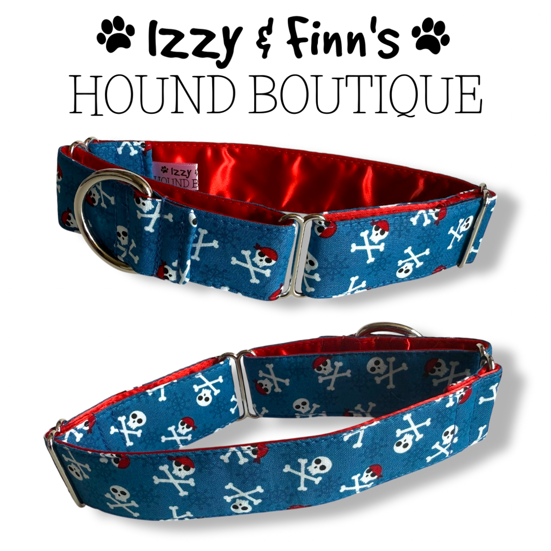 1.5" Blue Pirate Skulls Greyhound Full Martingale Collar