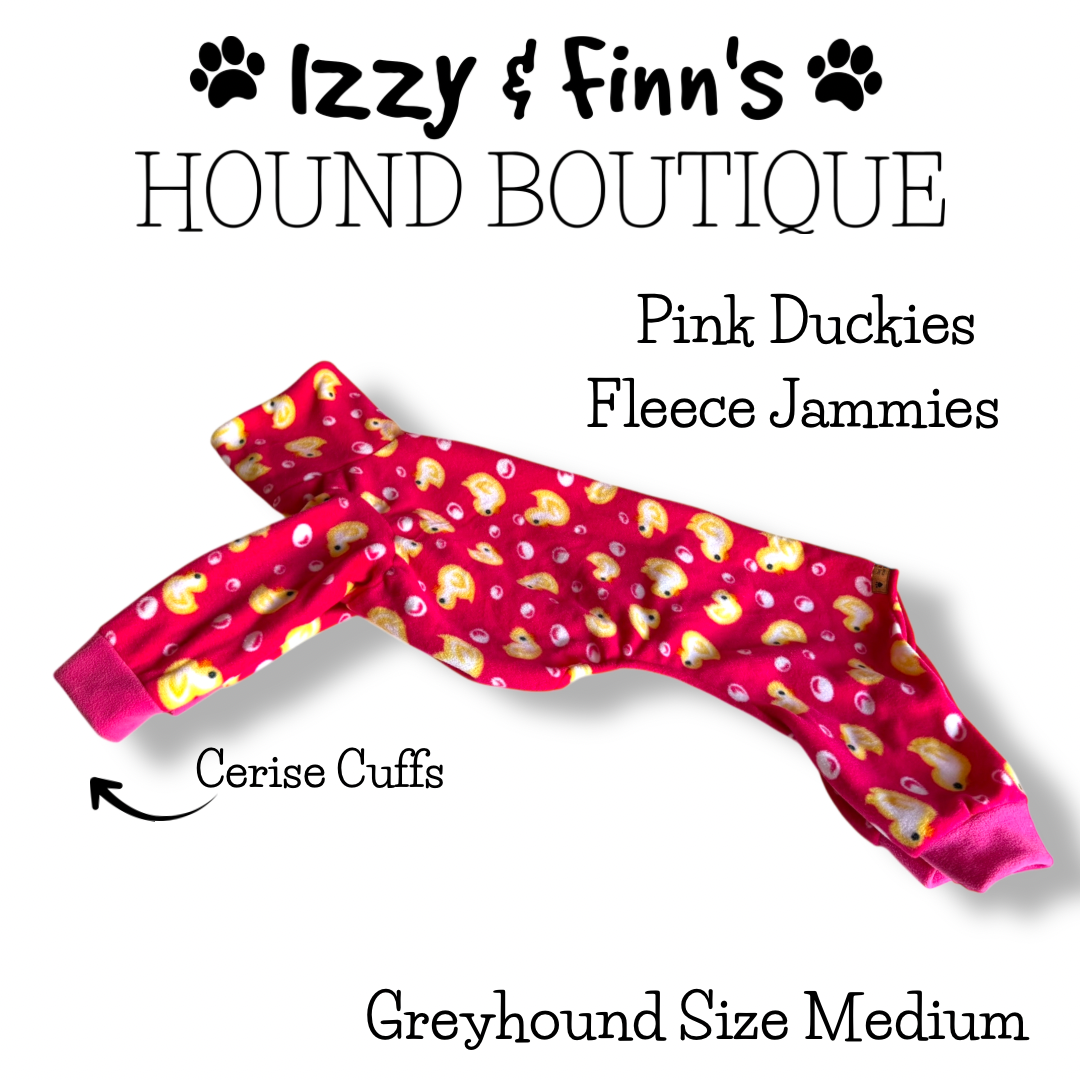 Ready Made - Pink Duckies Greyhound 4 Leg Fleece Jammies - Size Greyhound Medium