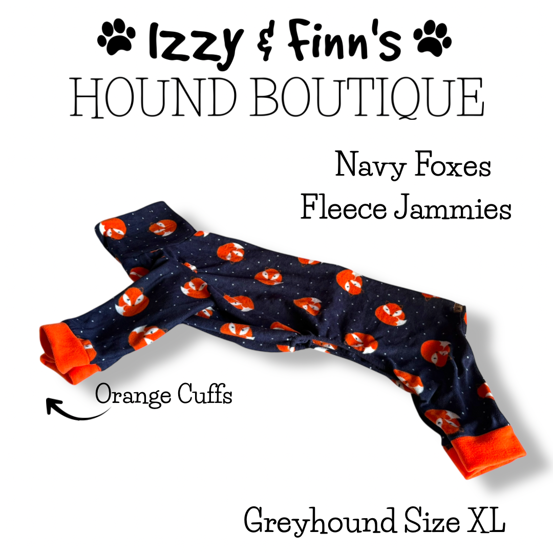 Ready Made - Navy Foxes Greyhound 4 Leg Fleece Jammies - Size Greyhound XL