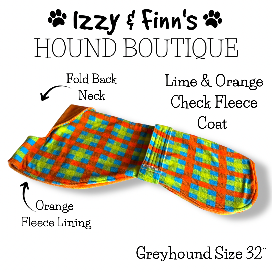 Ready Made - Lime & Orange Check Greyhound Fleece Coat - Size Greyhound 32"