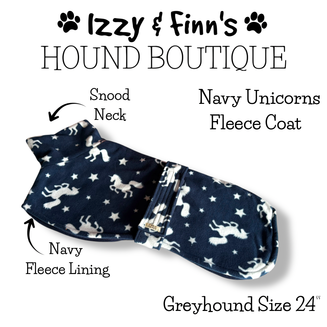 Ready Made - Navy Unicorns Greyhound Fleece Coat - Size Greyhound 24"