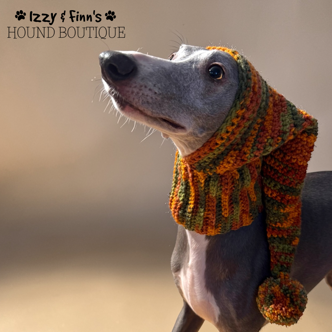 Ready Made - Fall Crochet Greyhound Sized Pom Pom Hood Hat