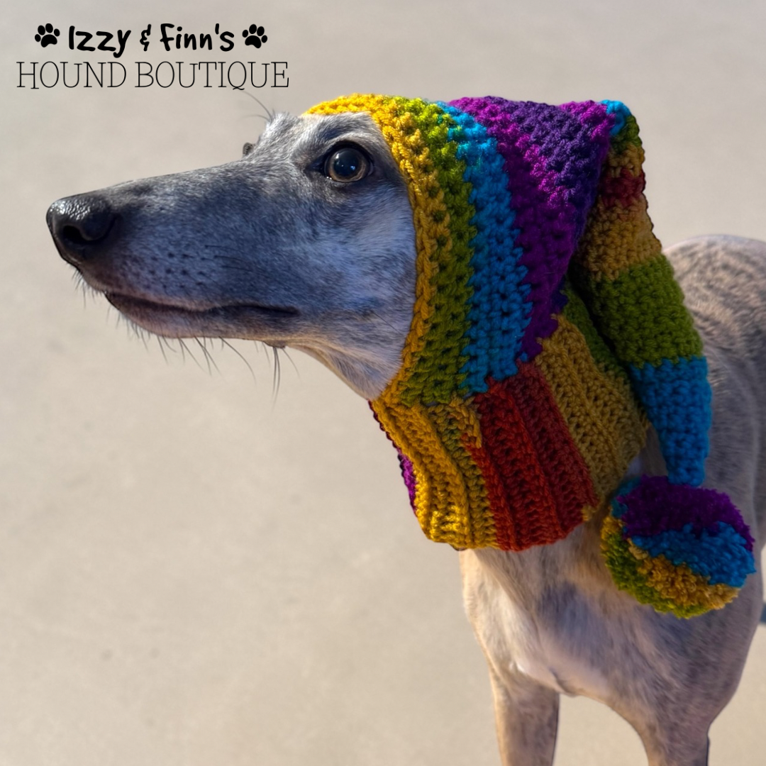 Ready Made - Circus Crochet Whippet Sized Pom Pom Hood Hat