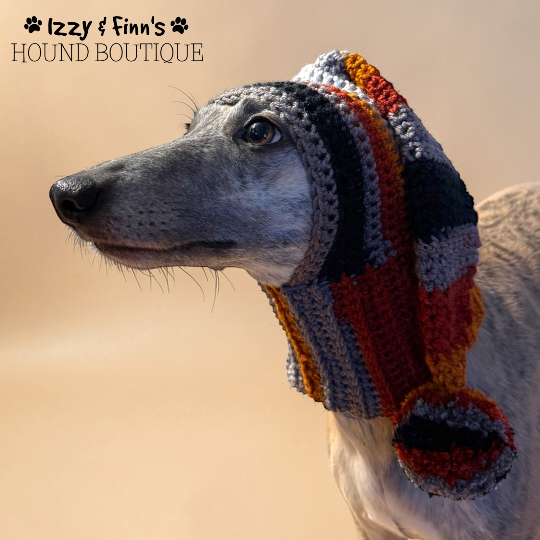 Ready Made - Brindle Crochet Whippet Sized Pom Pom Hood Hat