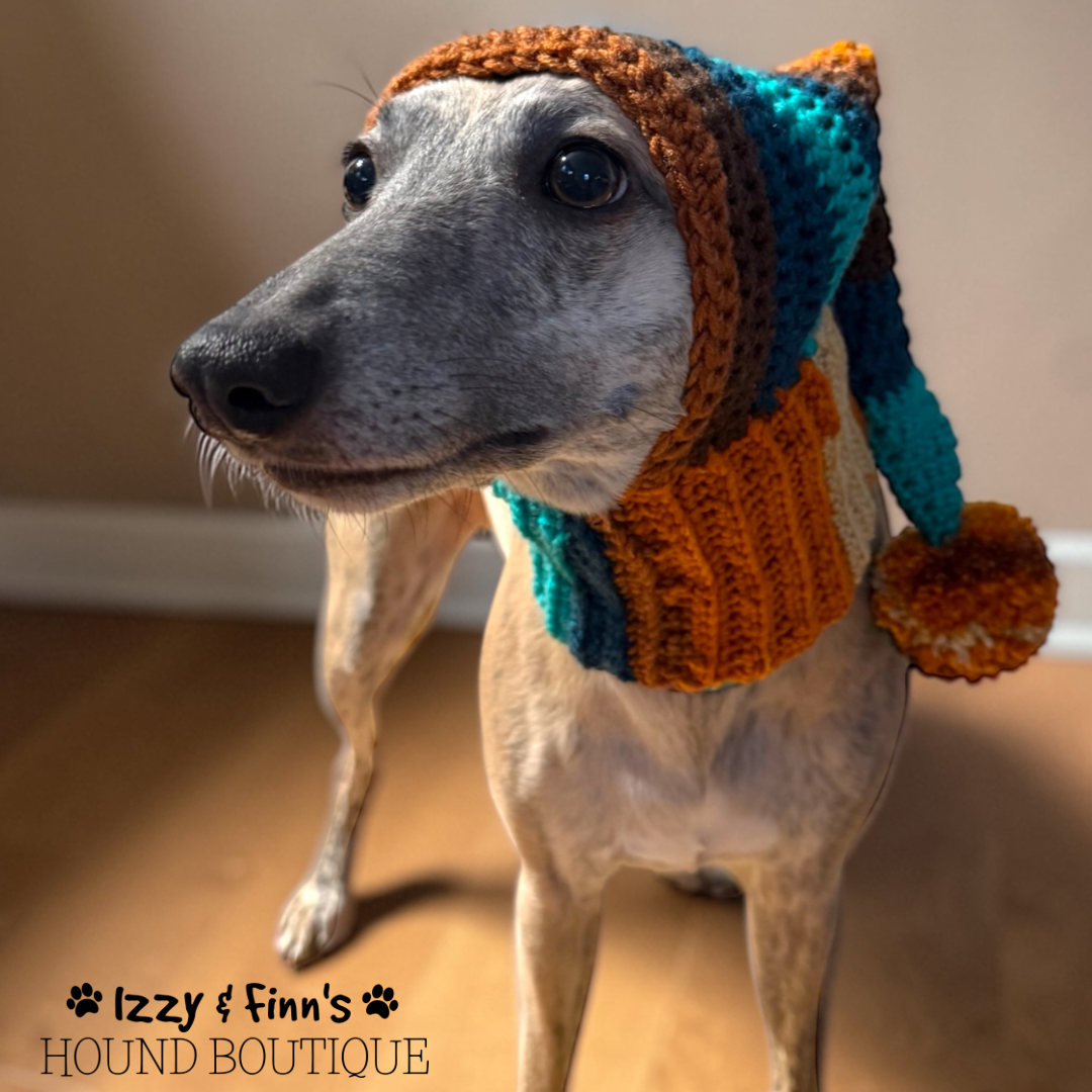 Ready Made - Sunset Beach Crochet Whippet Sized Pom Pom Hood Hat