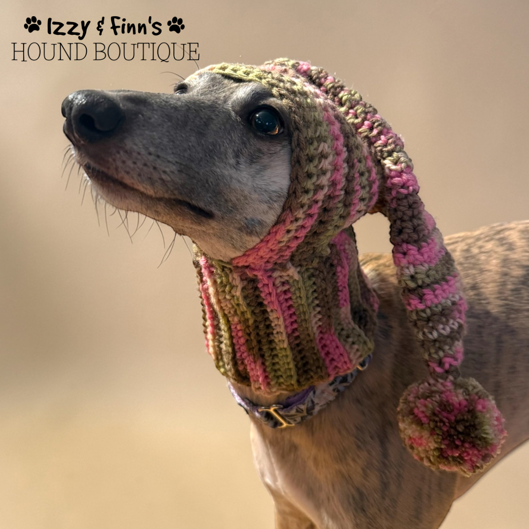 Ready Made - Pink Camo Whippet Sized Crochet Pom Pom Hood Hat