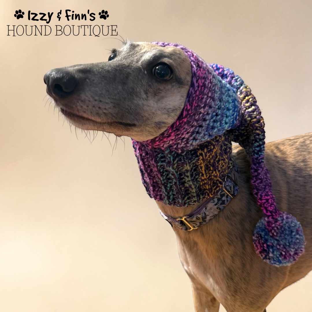 Ready Made - Nebula Whippet Sized Crochet Pom Pom Hood Hat