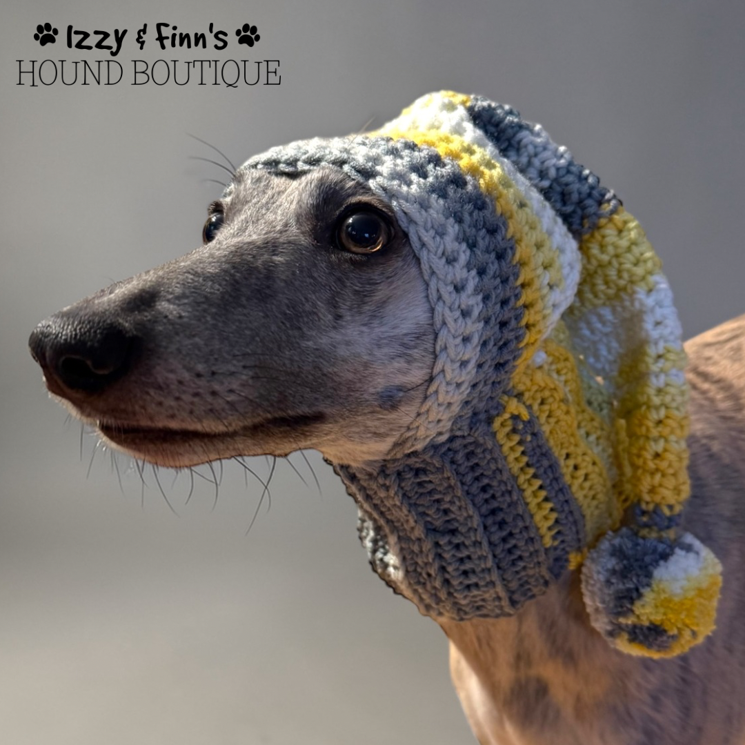 Ready Made - Sandstone Crochet Whippet Sized Pom Pom Hood Hat