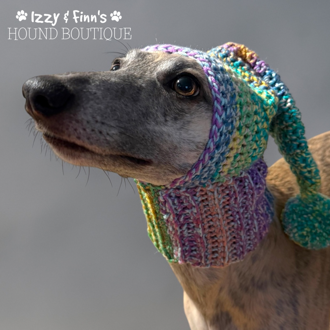 Ready Made - Heather Crochet Whippet Sized Pom Pom Hood Hat