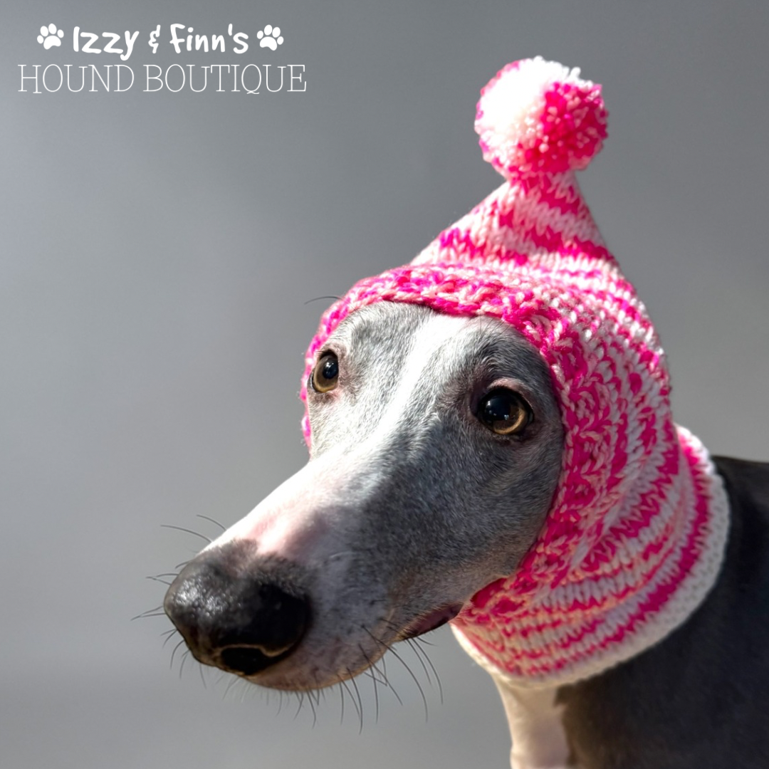 Ready Made - Candy Stripes Greyhound Size Knitted Pom Pom Hat