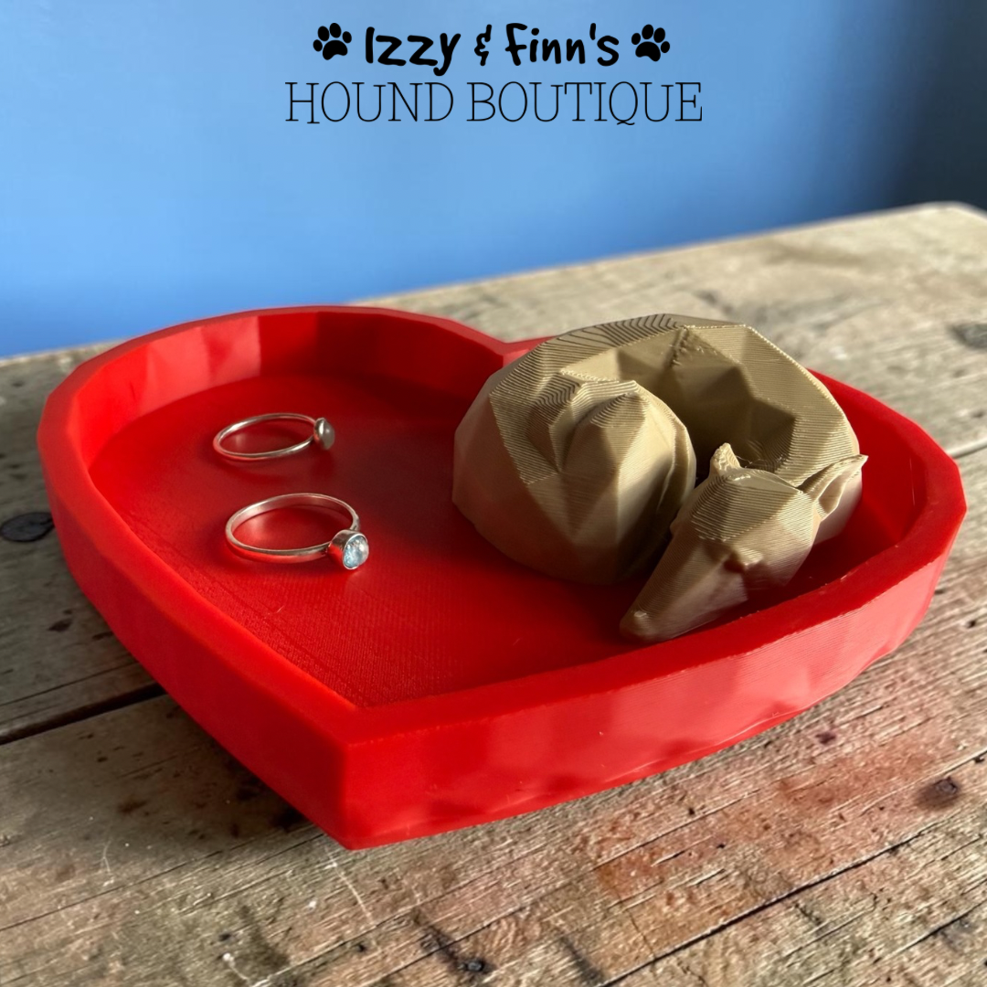 3D Printed Curled Hound Trinket Dish with Red Heart