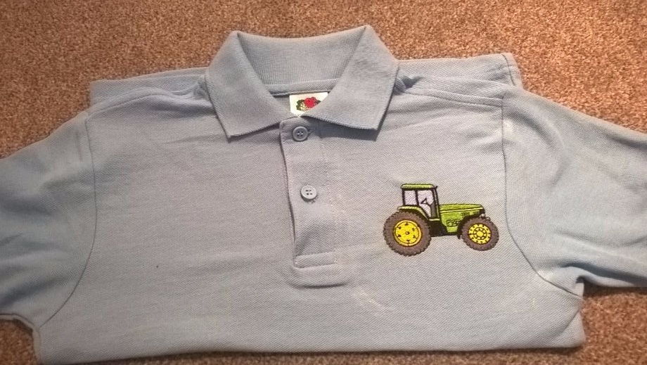 Children's Embroidered Polo Shirt - Sky blue with tractor