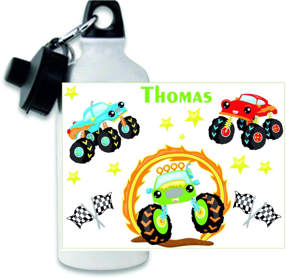 Personalised Monster Truck themed metal water sports bottle
