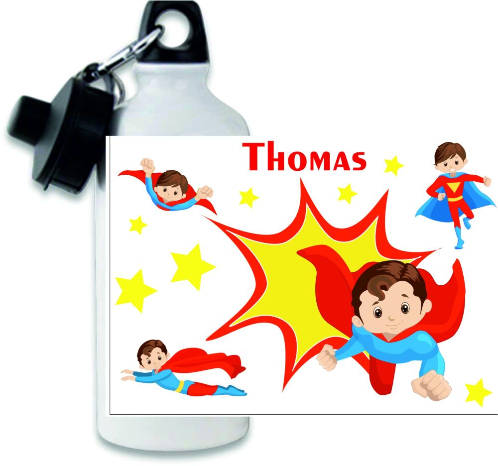 Personalised boys superhero themed metal water sports bottle
