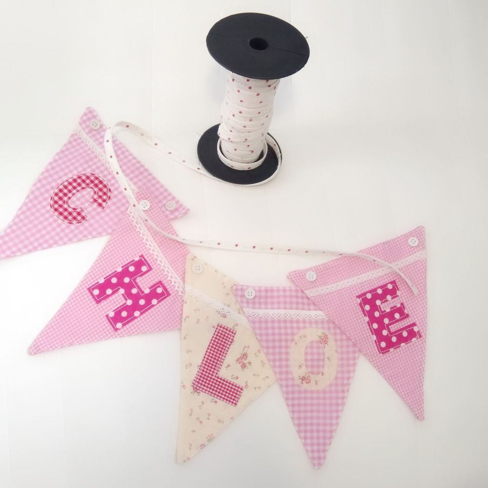 Personalised Girls Fabric Bunting - Pink alphabet and flower flags available
