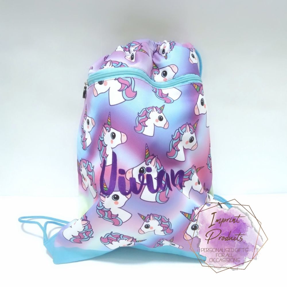 Personalised Unicorn Drawstring PE Swim Bag