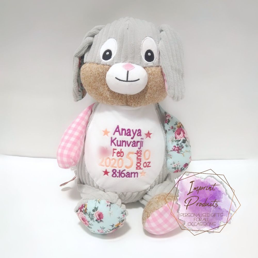 Personalised Pink Cubbies Harlequin Bunny | Baby Girl Gift | Baby Keepsake 