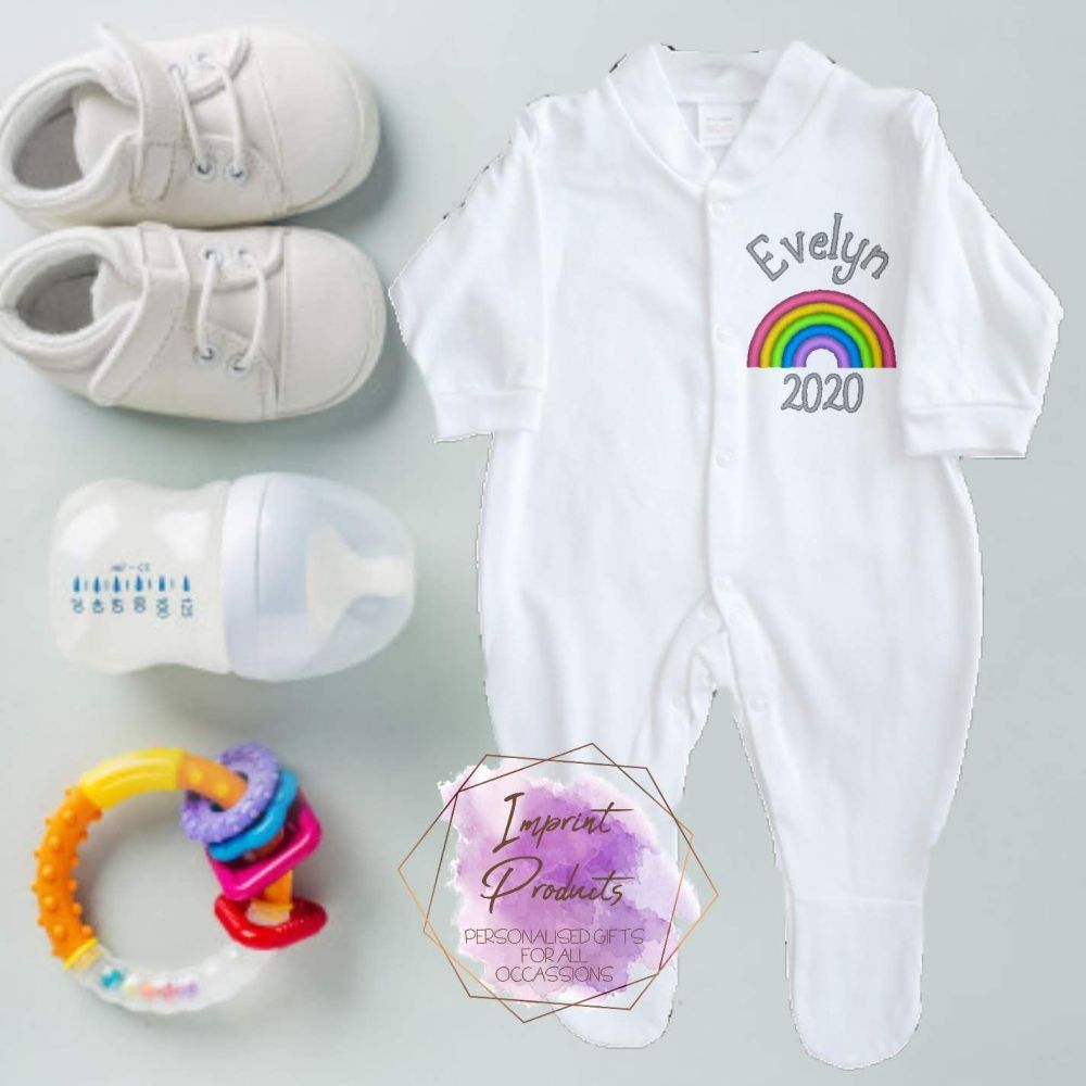 Personalised Rainbow Lockdown Embroidered Baby Sleepsuit Gift Unisex 