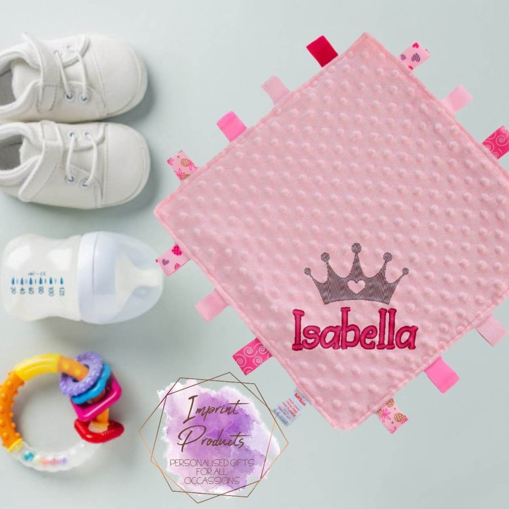 Personalised Tag Baby Comforter - Crown Design (pink and blue available)