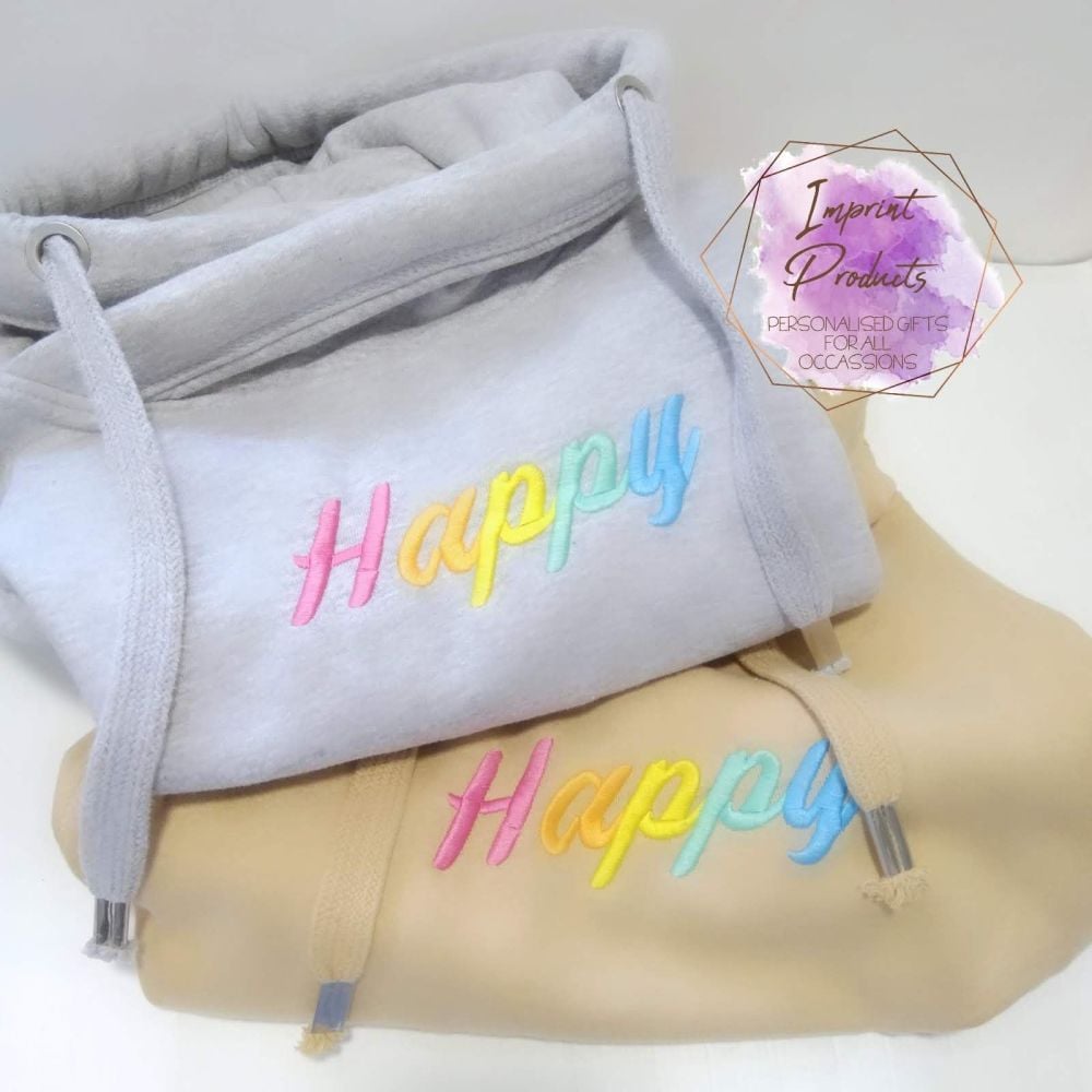 Happy Embroidered Cowl Neck Hoodie