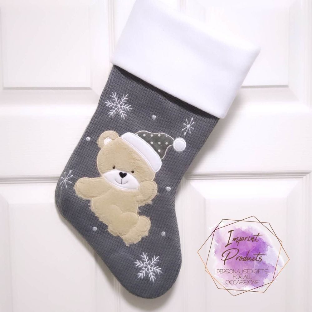 Personalised Grey Teddy Bear Christmas Stocking 
