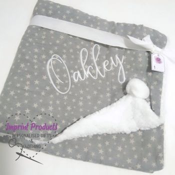 Personalised Grey and White Star Pom Pom Blanket with Sherpa back